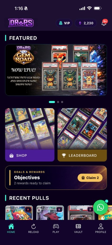 DropsTCG app home screen