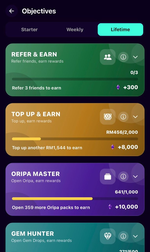 Objectives screen showing Refer & Earn, Top Up & Earn and Oripa Master rewards