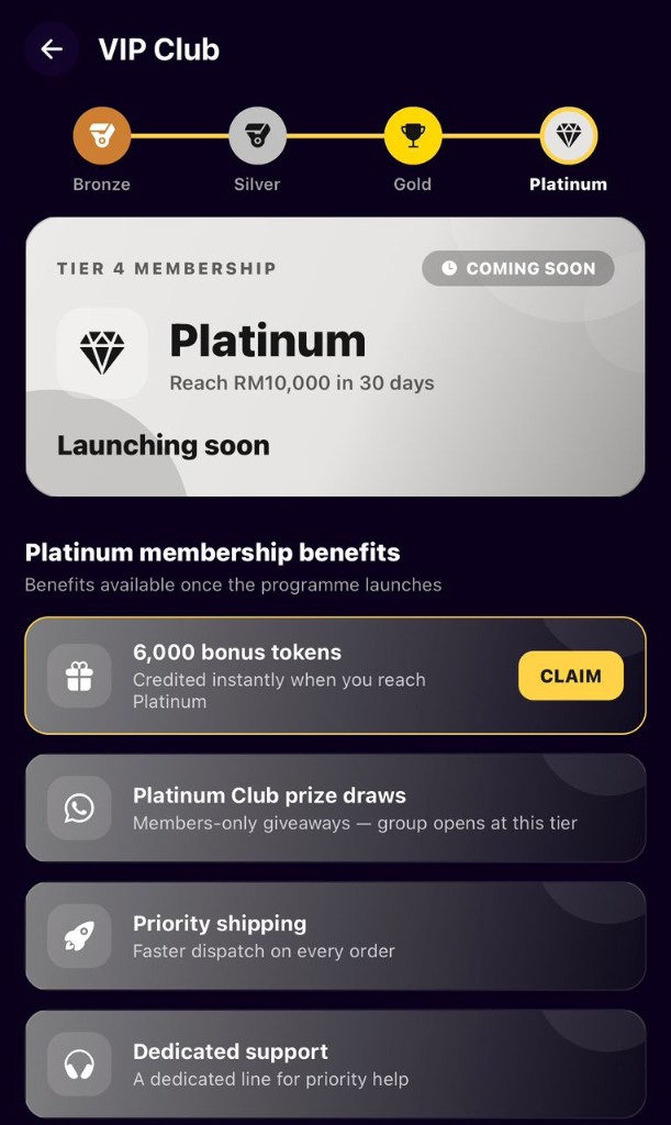 VIP Club tiers from Bronze to Platinum